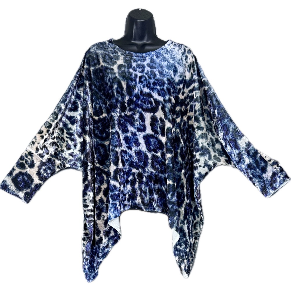 Inoah Blue Leopard Print Crushed Velvet Shirt SM Oversized Batwing Sharkbite Top